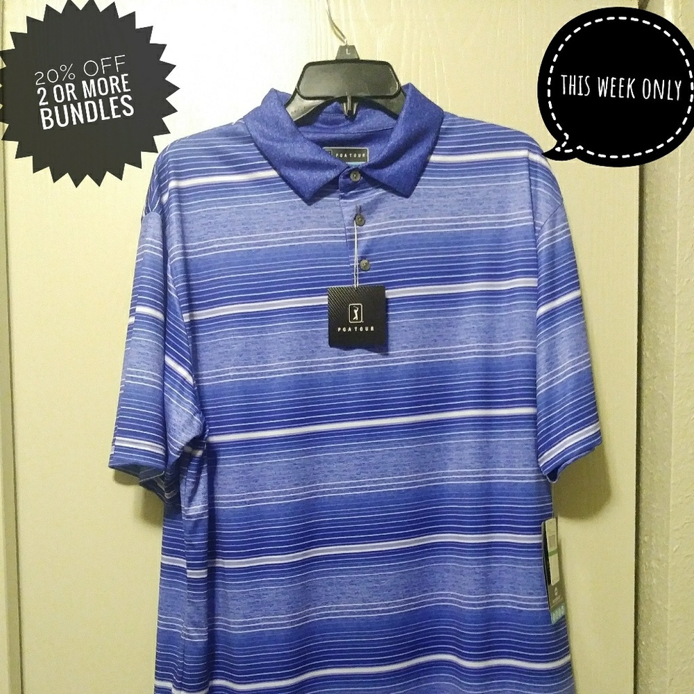 PGA Tour golf polo with blue and white stripes